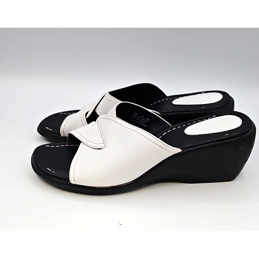 Clarks Black & White Leather Slide Wedge Sandals Size 7.5M